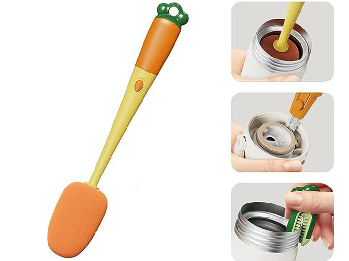 Perie 3 in 1 pentru spalarea sticlelor / paharelor,  Zola®, burete, perie silicon si sarba din plastic, 27 cm, portocaliu/galben