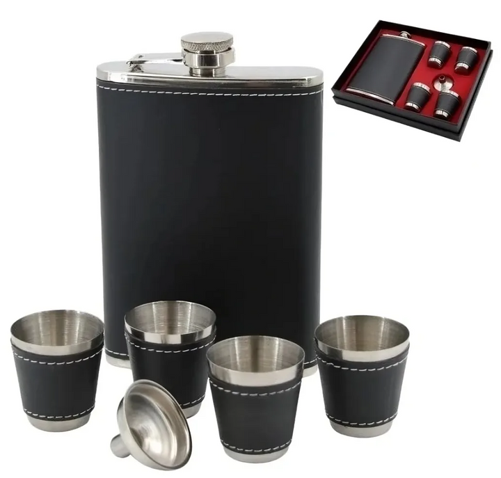 Set sticla metalica de buzunar, palnie si 4 pahare, Zola®, pentru tarie, negre, 270 ml