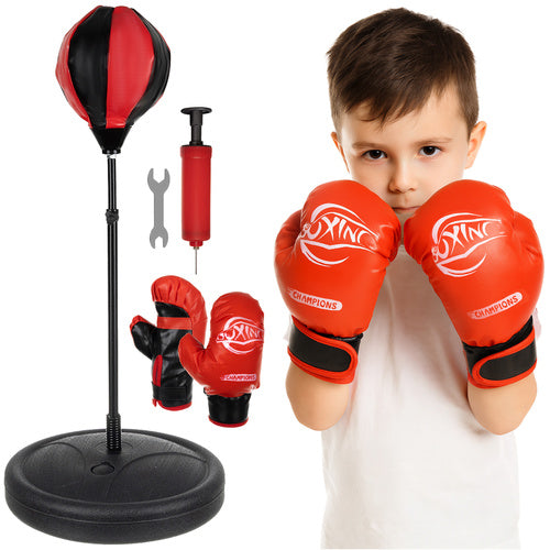 Set box pentru copii, Zola, para gonflabil cu suport, inaltime reglabila 70-104 cm, baza 33 cm, manusi, pompa, rosu/negru