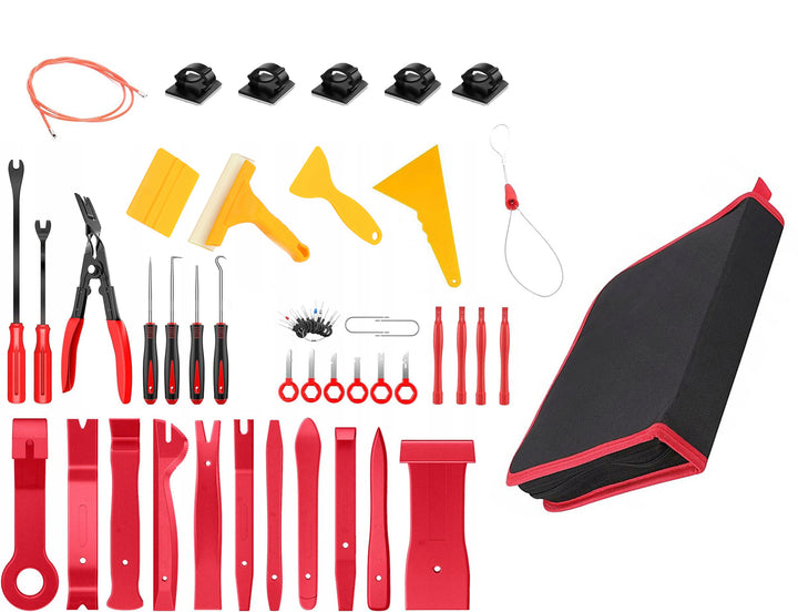 Set profesional cu 52 de instrumente extractoare, Zola, pentru demontarea tapiteriei auto, radio si cleme, din plastic, husa depozitare, rosu