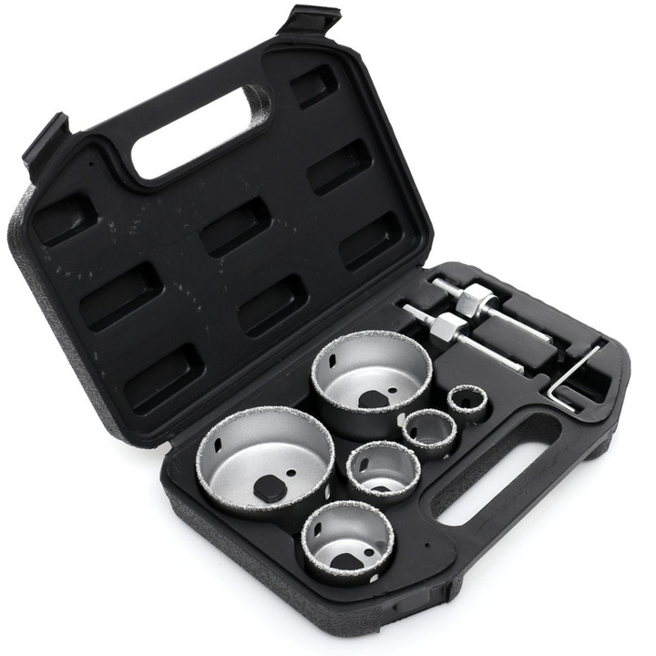 Set carote tungsten pentru gresie si faianta, Zola, 6 dimensiuni 22-73 mm, adaptoare si imbus incluse, pentru ceramica si rigips, cutie depozitare