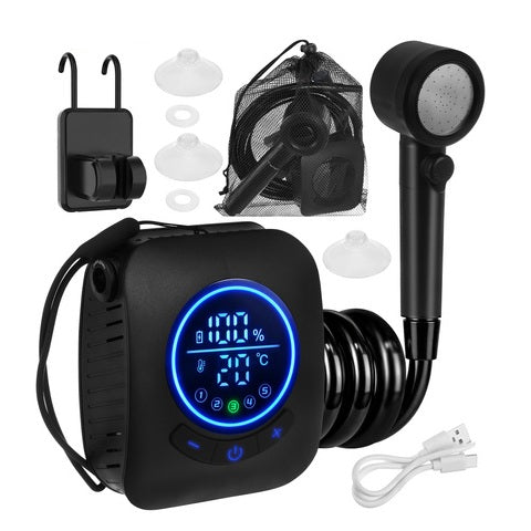 Dus portabil pentru camping, Zola, 8000 mAh, debit 5-10 l/min, 5 niveluri presiune, 4 moduri jet, afisaj LED, IPX8, furtun 2 m, negru