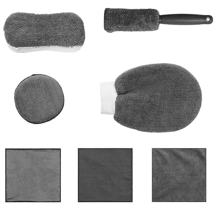 Kit spalare si curatare auto, Zola, 9 piese,  burete, manusa, perie jante, lavete, gri