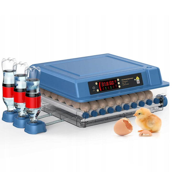 Incubator automat 64 de oua, Zola, 80 W, rotire automata, control umiditate, temperatura 15-30 °C, afisaj LED, cablu inclus, 21 × 49 × 45.5 cm, albastru