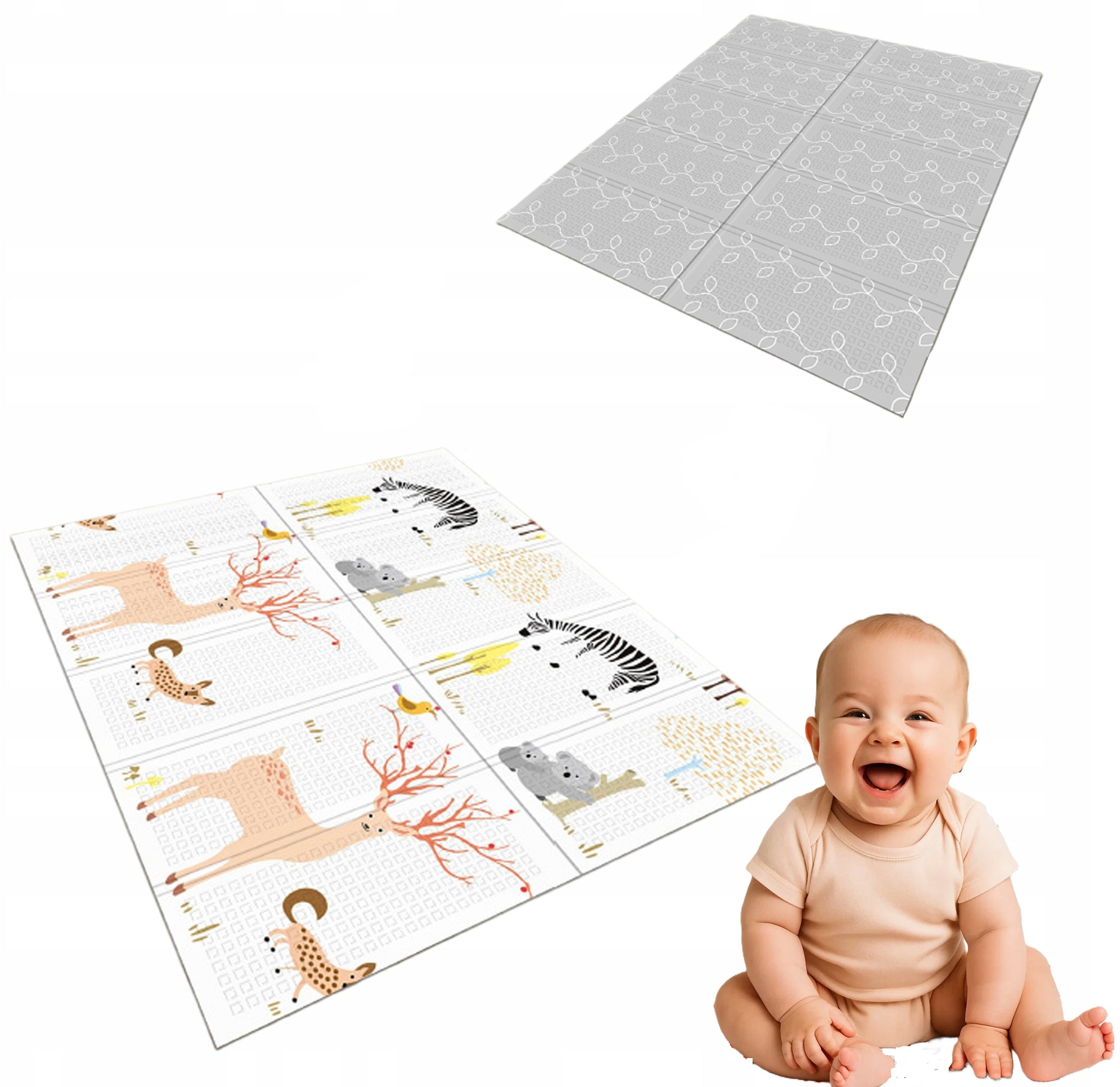 Covoras termoizolant de joaca cu 2 fete, Zola, spuma XPE, grosime 10 mm, 200 x 180 cm,  pliabil, impermeabil, frunze/animalute