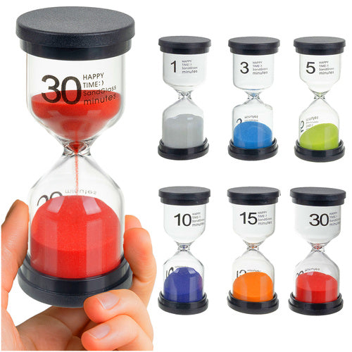 Set 6 clepsidre cu nisip, Zola, 1/3/5/10/15/30 min, pentru antrenamet si gestionarea timpului, 9.8 x 4.3 cm, multicolore