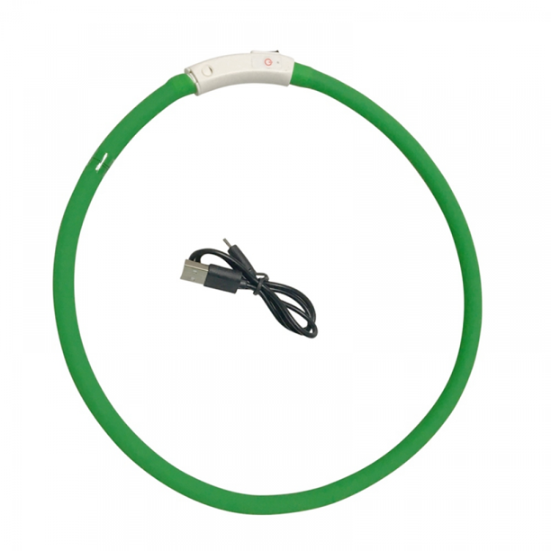 Zgarda cu LED, Zola®, pentru caini/pisici, incarcare prin USB, 3 moduri de iluminare,  din cauciuc, rezistenta la apa, lungime 55 cm, abilitatea de a se scurta, verde