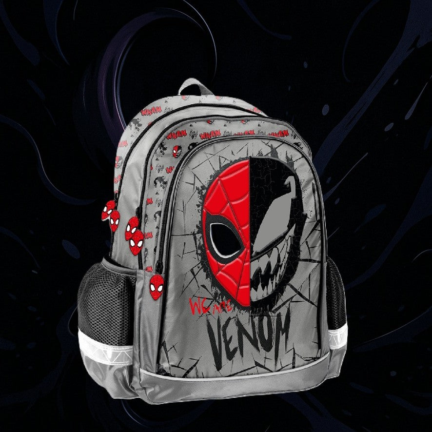 Ghiozdan scolar, Zola, Marvel Venom, 2 compartimente, impermeabil, 38 x 28 x 15 cm, gri/rosu
