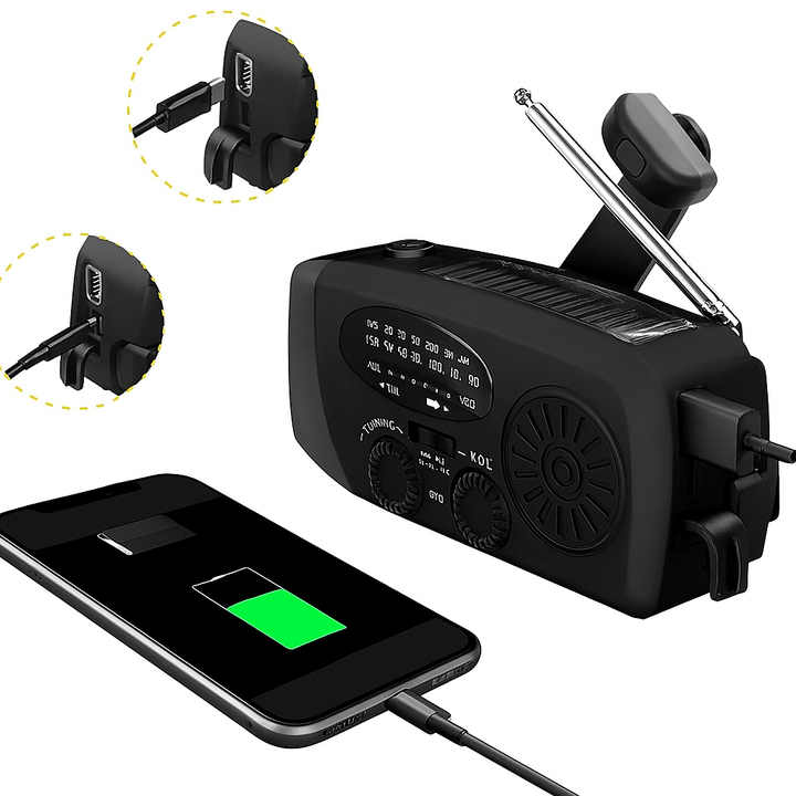 Radio multifunctional 3 in 1 portabil, Zola, lanterna LED, incarcare solara/manuala/USB, functie de incarcare a telefonului mobil, rezistenta la apa, 2000 mAh, AM/FM, 130 x 60 x 45 mm, negru