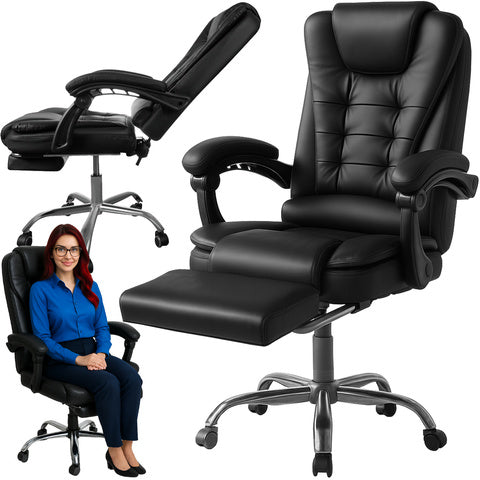 Scaun de birou directorial cu suport extensibil pentru picioare, Zola, ergonomic, inaltime si inclinare reglabile, roti pivotante, greutate maxima 130 kg, otel cromat/piele ecologica, negru