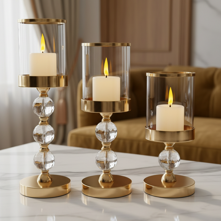 Set 3 suporturi lumanare tip sfesnic, Zola, insertii de oglinda, dimensiuni diferite 18/34.5/41 x 12 cm, sticla/metal, auriu