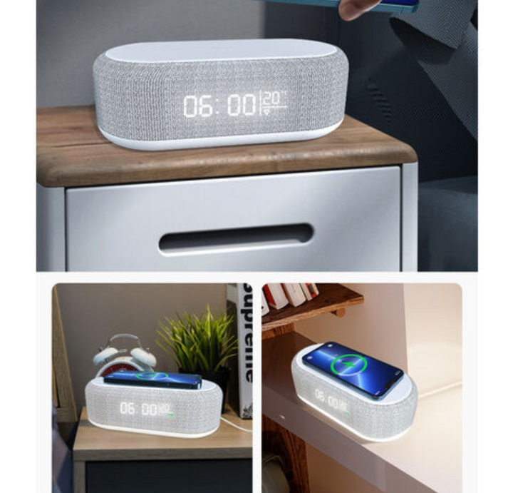 Ceas de masa, Zola®, lampa de noptiera, incarcare Wireless, alarma, afisarea temperaturii, 20.5x6.5x9.5 cm, gri/alb