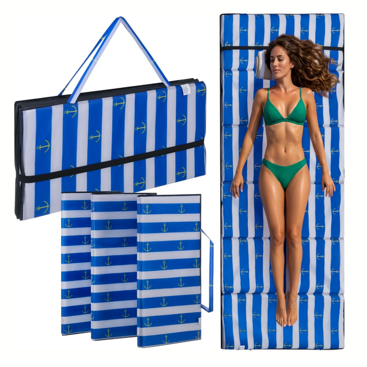Rogojina pliabila plaja, Zola, 190 x 66 x 1 cm, izolatie termica, impermeabila, maner transport, albastru/alb