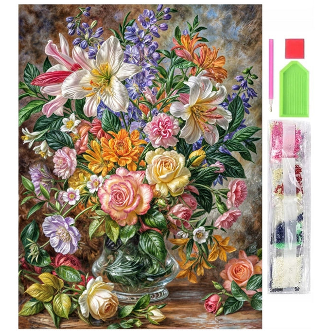 Goblen mozaic cu diamante, Zola, model vaza de flori pictata, 30x40 cm