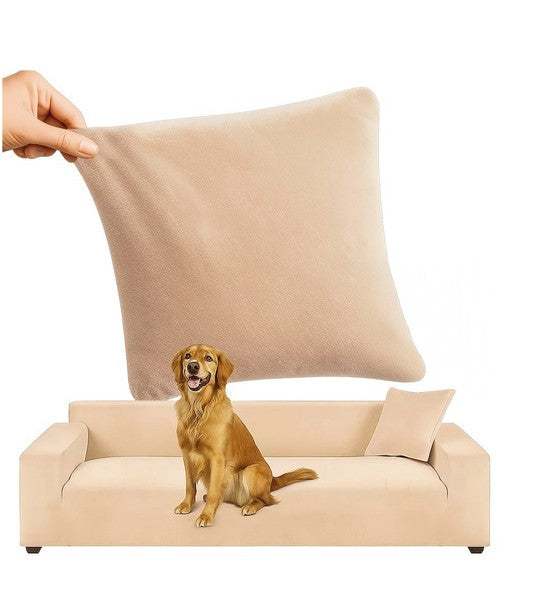 Husa din catifea pentru canapea si fata de perna, Zola, lungime 145-185 cm, dimensiuni perna 45 x 45 cm, benzi elastice, impermeabila, bej