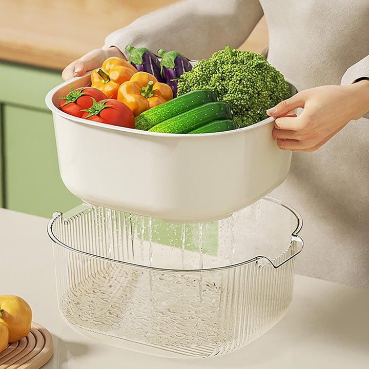 Bol 2 in 1 sita pentru spalat fructe si legume, Zola®, cu doua manere, bol transparent, din plastic, 28 x 26 x 12 cm, alb/crem