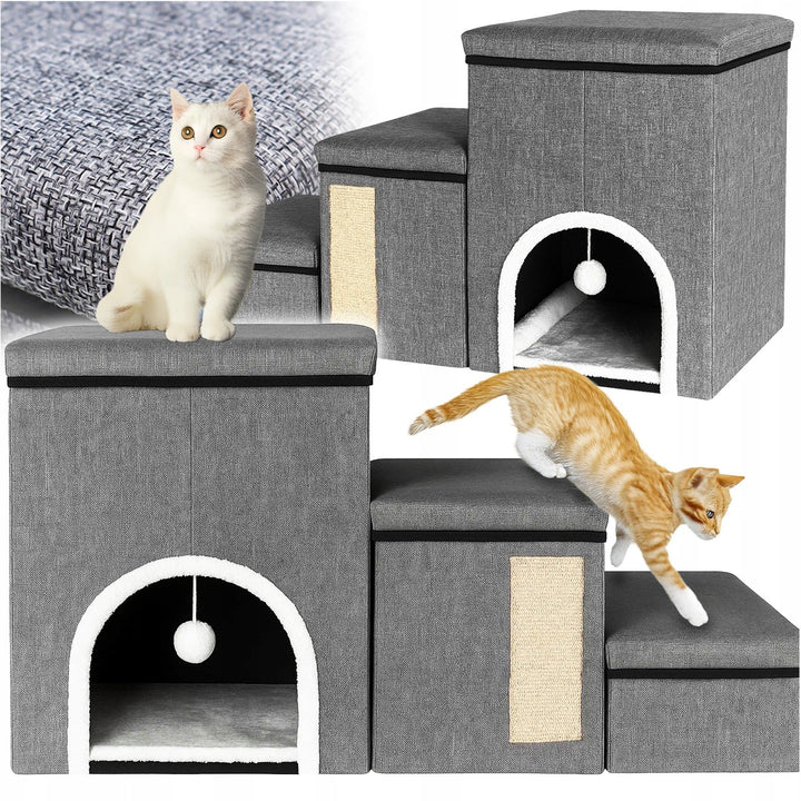 Casuta multifunctionala pentru pisici cu 3 trepte, Zola,cu pat moale, panou de zgariere din sisal si jucarie suspendata, pliabila, 76 x 42 x 33 cm, gri