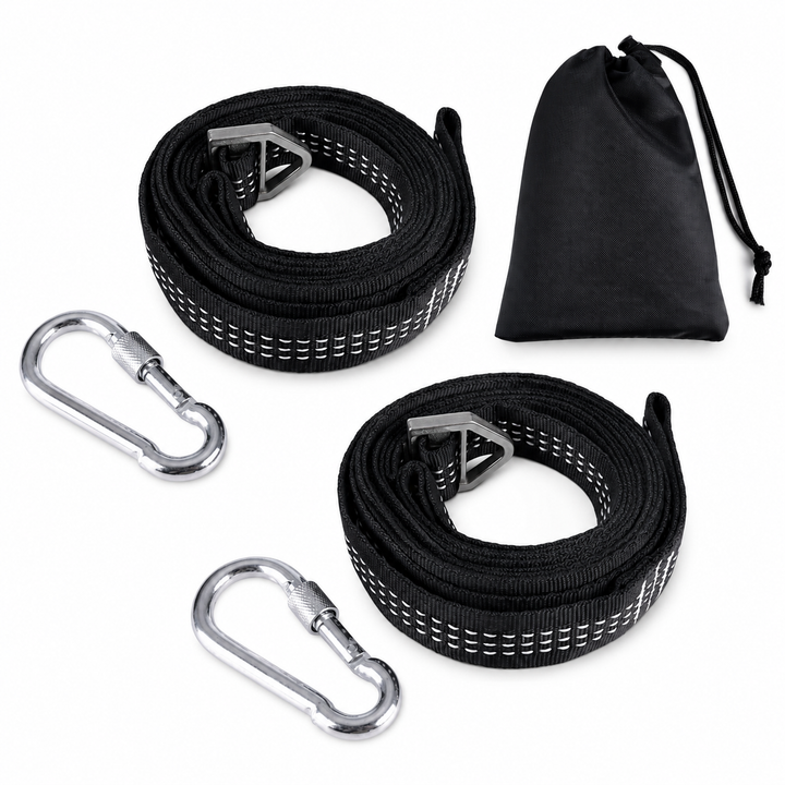 Set montare hamace si leagane, Zola, 2 curele 300 cm, carabiniere metalice, suporta 300 kg, negru