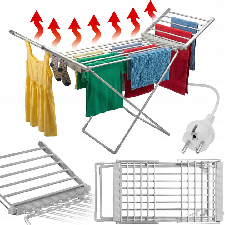 Uscator pentru rufe electric, Zola, 230 W, 20 elemente, temperatura 45–55°C, pliabil, greutate suportata 20 kg, cablu 1.4 m, aluminiu/plastic, 150 × 90 × 54 cm, argintiu