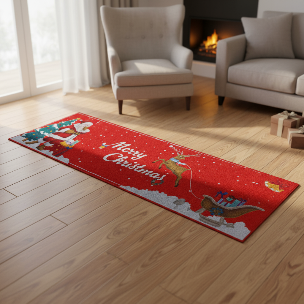 Covoras decorativ pentru bucatarie/hol, Zola, 160 x 50 cm, model Craciun, antiderapant, rosu