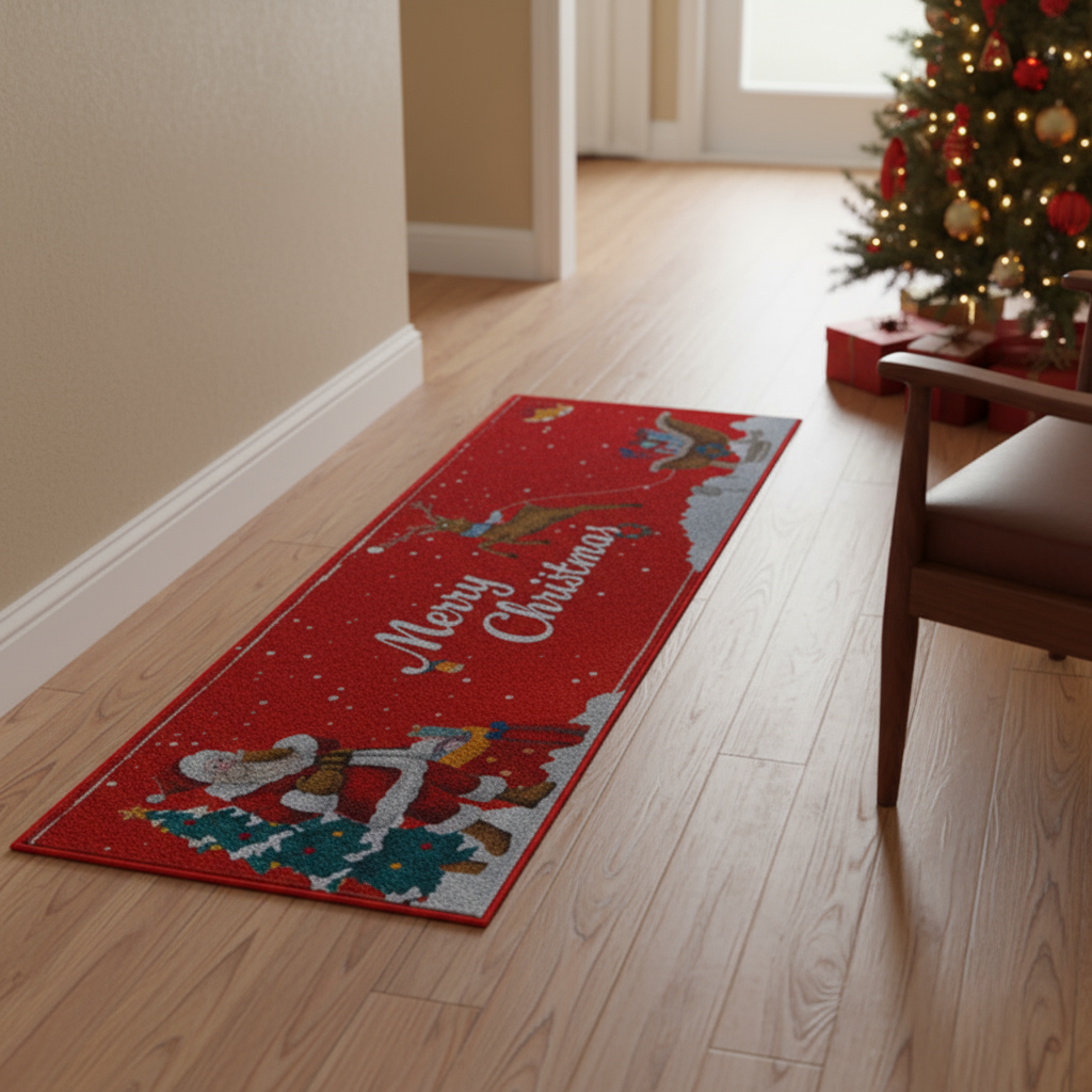 Covoras decorativ pentru bucatarie/hol, Zola, 160 x 50 cm, model Craciun, antiderapant, rosu