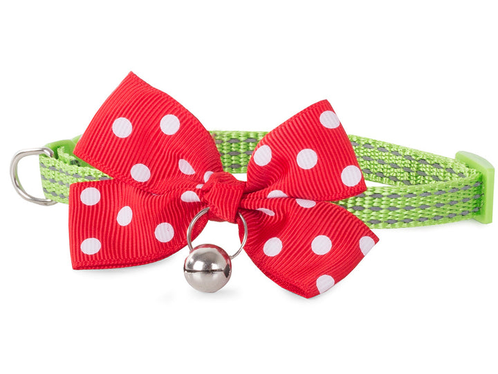 Zgarda pentru catei, Zola®, ajustabila, din material textil verde, cu fundita rosie si clopotel