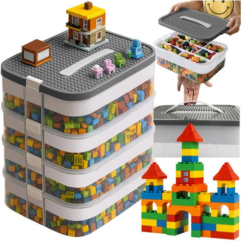 Cutie pentru depozitare cuburi de construit, Zola, 4 nivele detasabile, portabila,  plastic, 30.5 x 22.5 x 42.5 cm, transparent/gri