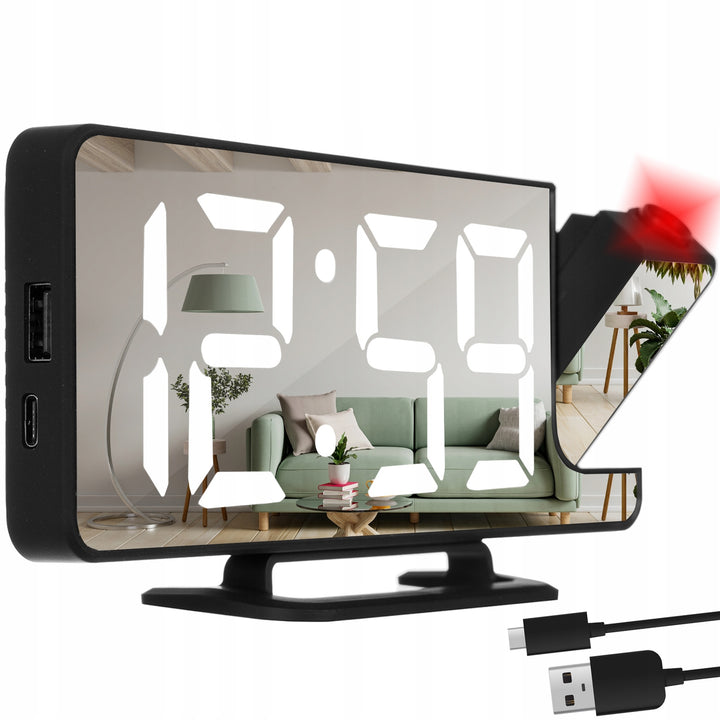 Ceas de masa cu alarma si proiector, Zola, digital, stil oglinda, luminare continua prin alimentare USB Type-C, 18.5x7.5x4 cm