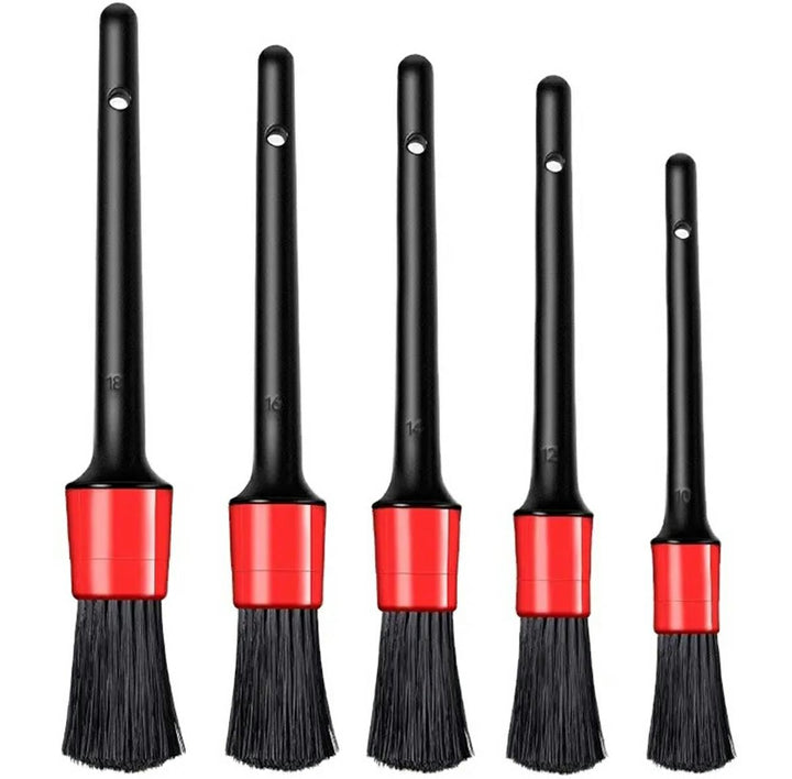 Set 5 pensule detailing auto, Zola®, din plastic si nailon, lungimea perilor 5 cm, dimensiune toatala diferita, negru/rosu