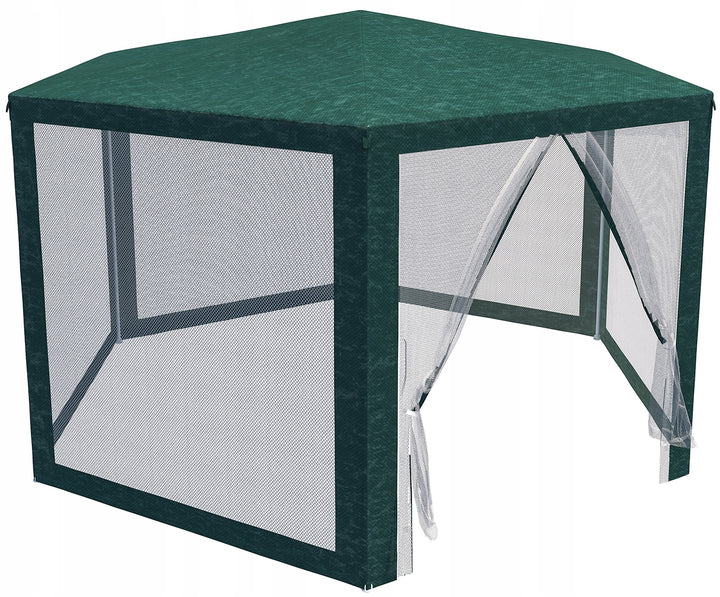 Pavilion/foisor de gradina hexagonal cu plasa impotriva insectelor, Zola, 4 x 4 x 2.5 m, prindere velcro, cadru din otel, polietilena, 100 g/m2, verde