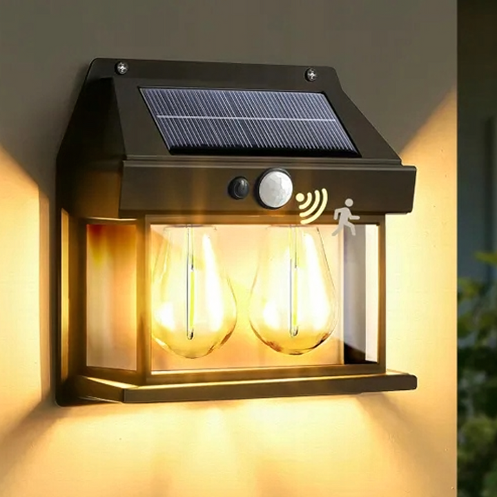 Lampa solara cu senzor de miscare si crepuscular, UBX, 2 becuri, 600 lm, 1800 mAh, IP44, lumina calda, 18 x 6.5 x 17.5 cm