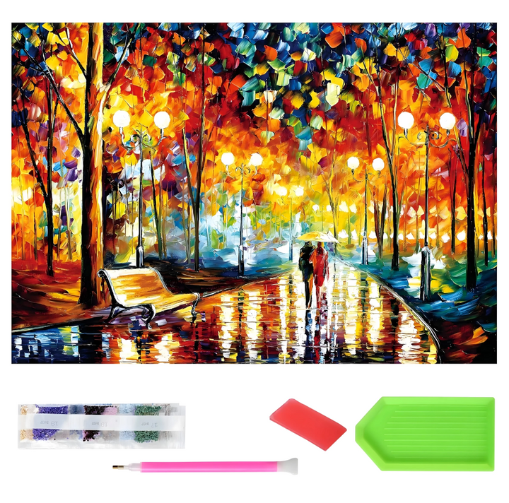Goblen mozaic XXL cu diamante, Zola, Indragostiti si peisaj de toamna, 120 x 60 cm