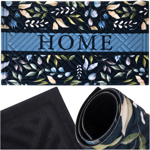 Covor de intrare, Zola, 75 x 45 cm, model "Home", imprimeu frunze, antiderapant, negru / albastru