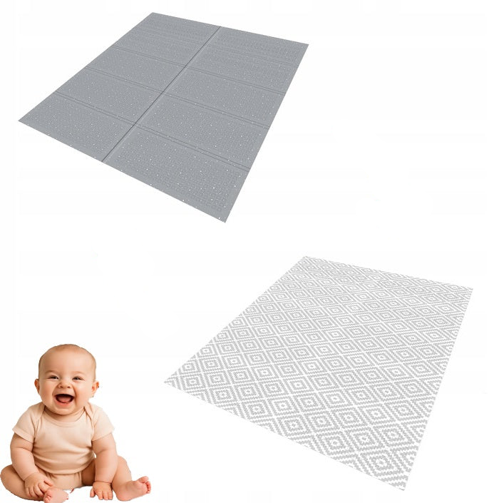 Covoras termoizolant de joaca cu 2 fete, Zola, din spuma XPE, grosime 10 mm, 180 x 120 cm, pliabil, impermeabil, model romburi, gri/alb