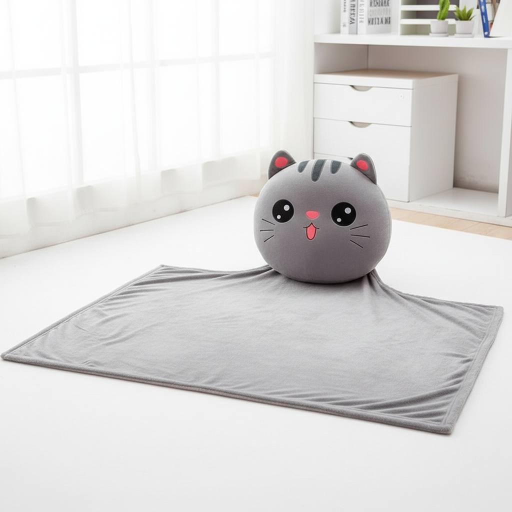 Patura cu perna 2 in 1, Zola, model pisicuta, din plus moale, 110 × 160 cm, perna 36 x 30 cm, gri