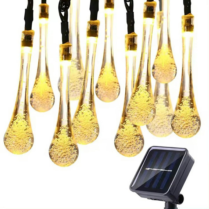 Ghirlanda cu panou solar, UBX, 10 m, model lacrima, rezistenta la apa IP44, alb cald, dimensiune bec 6x1.5 cm