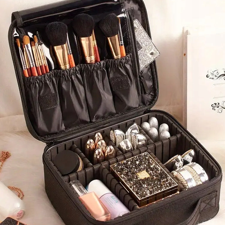 Geanta organizatoare cosmetice pentru calatorie, Zola, compartimente reglabile, fermoar, maner, 23 x 26 x 10 cm, neagra