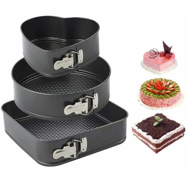Set 3 tavi de prajituri, Zola®, teflonate, antiaderente, baze detasabile, inima, forma inima-rotund-patrat, marimi diferite, inaltime 7 cm, negru