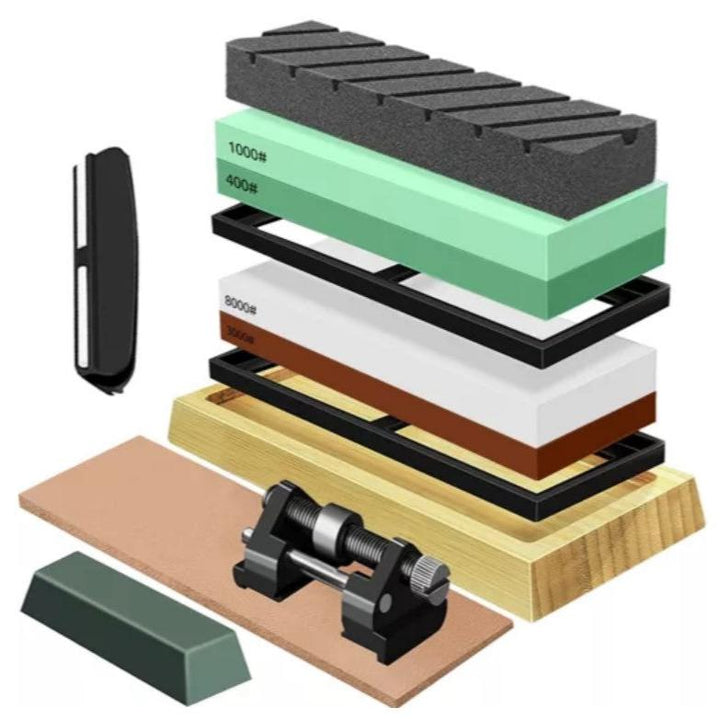Kit ascutire cutite, Zola, granulatii 400 / 1000, 3000 / 8000, 9 elemente, talpa de bambus aderenta, piatra de aplatizare, slefuire, indreptare, ghidaj unghiular, finisare