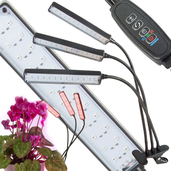 Lampa cu 3 tije pentru cresterea plantelor de interior, Zola, 72 de LED-uri, 3 culori, 10 intensitati, timer, brate flexibile, prindere clips