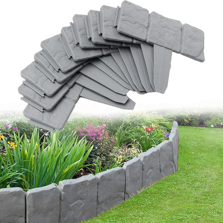 Bordura gazon tip palisada, Zola, 10 piese, efect piatra, plastic flexibil, 25 x 23 cm, lungime 250 cm, gri