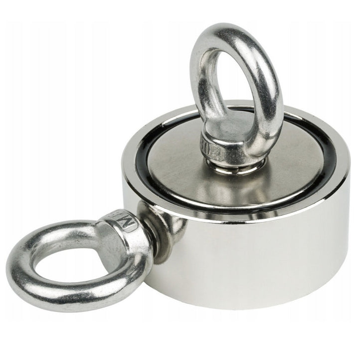Magnet puternic pentru pescuit cu 2 inele, Zola, neodim, forta de tractiune 2 x 150 kg, diametru 6 cm, ideal pentru cautari subacvatice, argintiu