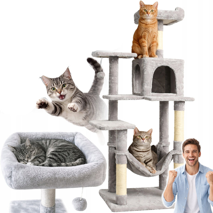 Ansamblu de joaca pisici, Zola, 6 niveluri, casuta, stalp zgariat sisal,casuta si hamac, MDF, 45 x 55 x 142 cm, gri / bej