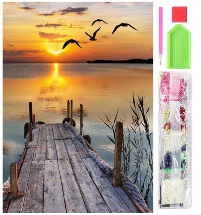 Goblen mozaic cu diamante, Zola®, apus si ponton, accesorii incluse, 30x40 cm