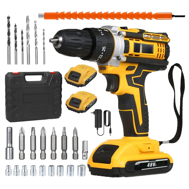 Masina de gaurit si insurubat cu impact, Zola, 2 acumulatori, 6000 mAh, 35 Nm, 1350 rpm, mandrina 10 mm, 21 burghie/biti surubelnita/chei tbulare, prelungitor, valiza transport, galben/negru