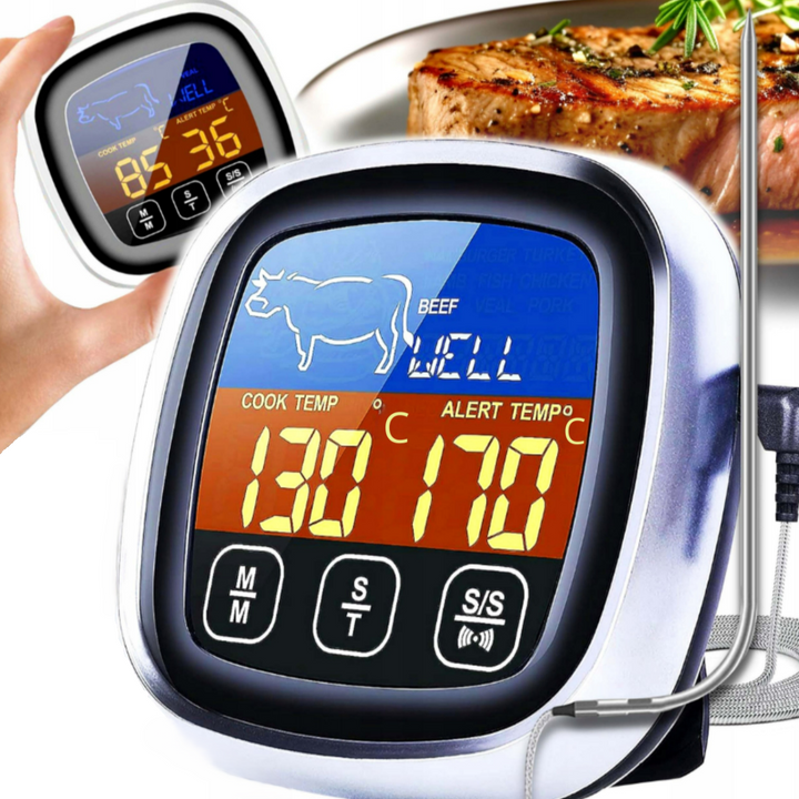 Termometru alimentar cu sonda, Zola®, digital, 0-300 °C, pentru 8 tipuri de carne, 5 moduri de gatire,°C/°F, alerta temperatura, timer, 3 butoane de control