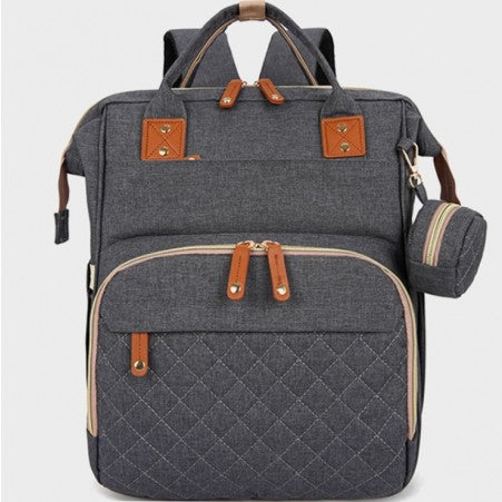 Rucsac multifunctional pentru mamici, Zola, 39 × 29 × 16 cm, prindere carucior, port si cablu USB, buzunare multiple, impermeabil, gri/crem