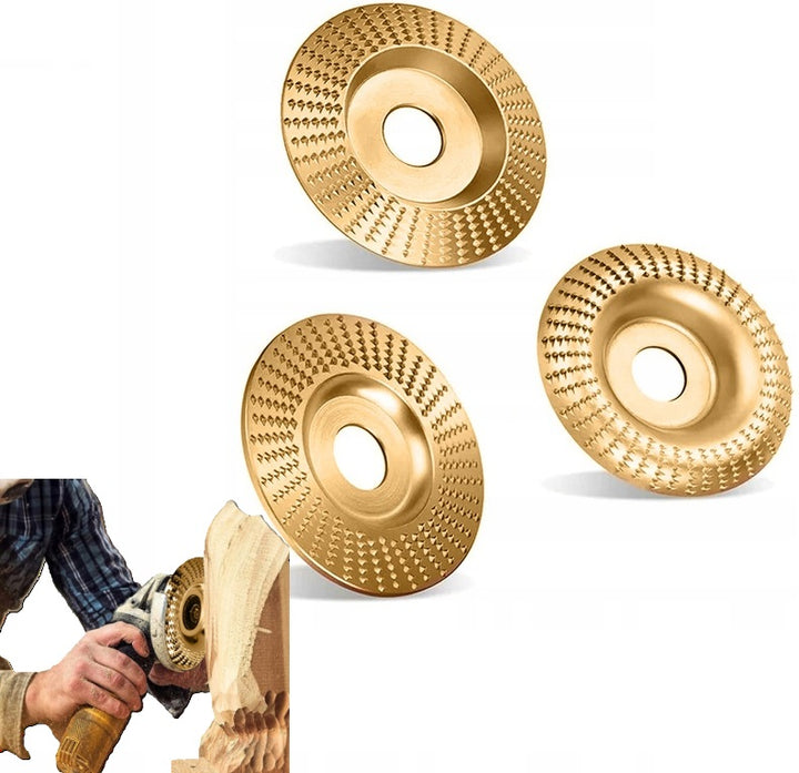 Set 3 discuri pentru prelucrarea lemnului, Zola, model concav, plat si conic, diametru disc 100 mm, orificiu 22.2 mm, 15000 rpm, auriu