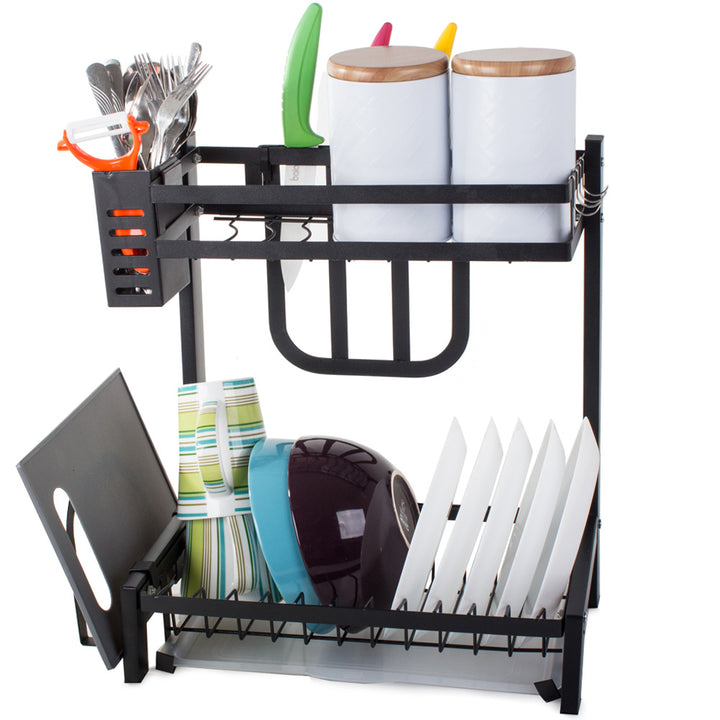 Scurgator de vase pe 2 nivele, Zola®, cu 4 umerase, suport pentru cutite/tocator/tacamuri, negru, 40x35x22.5 cm