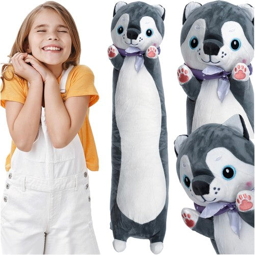 Jucarie din plus moale si catifelat, Zola, perna lunga, 70 cm, umplutura din bumbac PP hipoalergenic, catelus